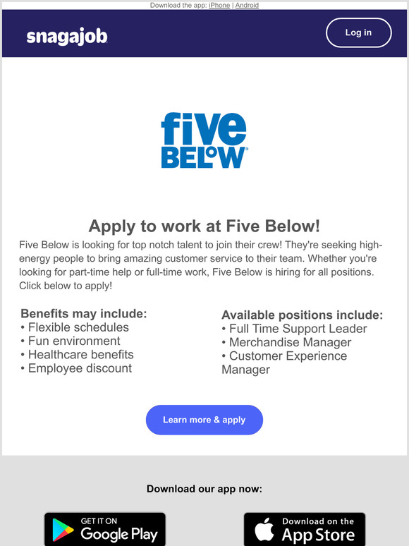 Snagajob Job Alert Five Below Is Hiring Near 10001 Milled