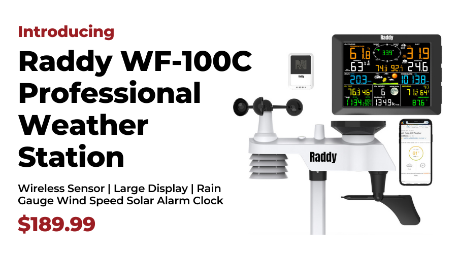 Raddy WF-100C Professional Weather Station Rain Gauge Wind Speed Solar