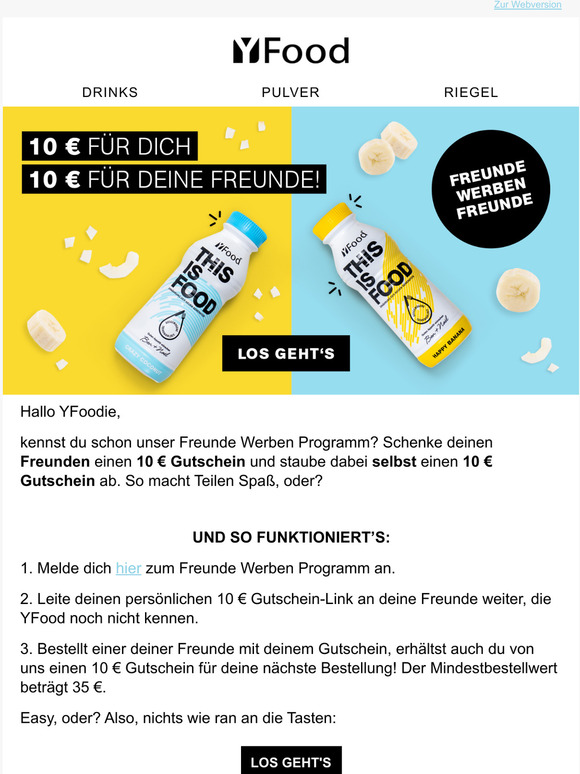 yfood DE: 10 Gutschein fr dich und 10 fr deine Freunde! | Milled