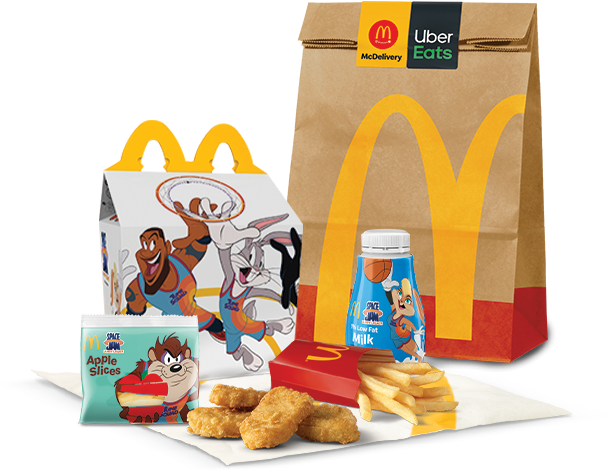 Get your fun Space Jam: A New Legacy themed Happy Meal today -- with an illustration of LeBron James and Bugs Bunny jumping on the Happy Meal box, Lola Bunny slam dunking on the milk bottle, and Tasmanian Devil holding an apple of his own on the Apple slices package.