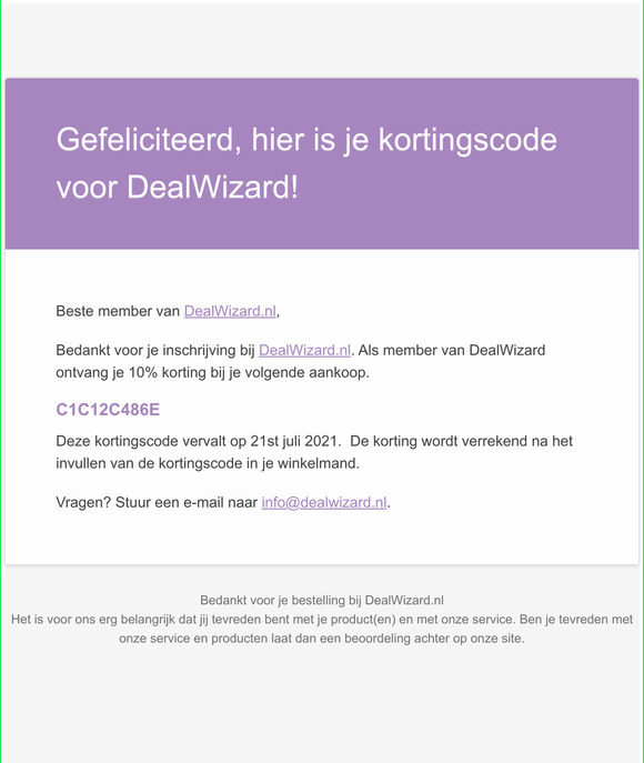 Gefeliciteerd, hier is je kortingscode voor DealWizard!