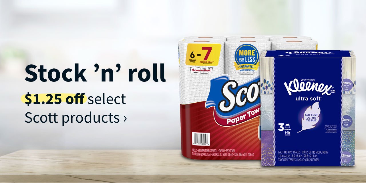 Stock 'n' roll. $1.25 off select Scott products
