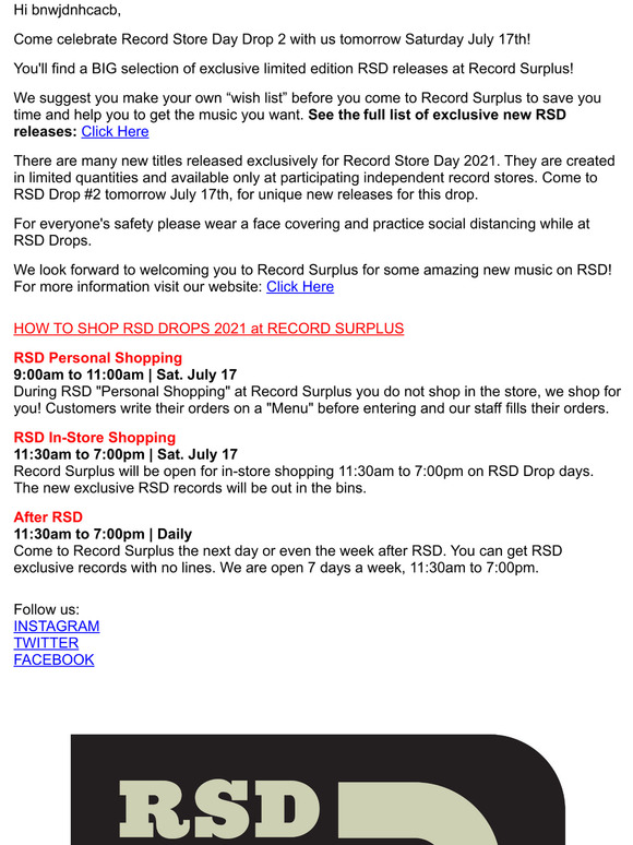 Join us tomorrow July 17th for RECORD STORE DAY at Record Surplus!
