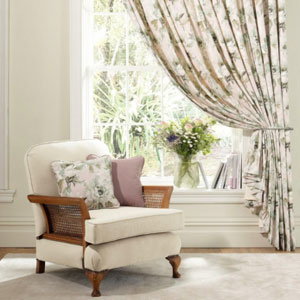 Peony - Blush scatters and curtains with Bayswater - Wheat fabric on the chair