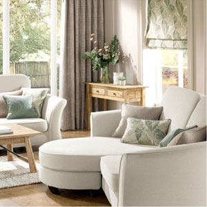 Team Bromley, Sage Blinds and Pantheon, Quartz curtains with sofa covers in Ascot Tweed, Cloud