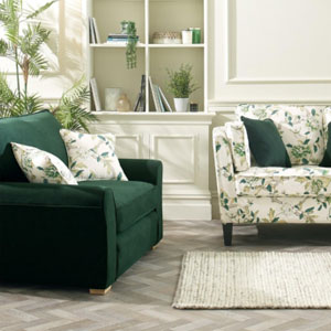 Sofa cover: Secret Garden - Emerald; Chair cover: Notting Hill Plain - Hunter
