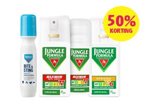 50% korting op Jungle Formula, spray tegen muggen en andere stekende instecten.