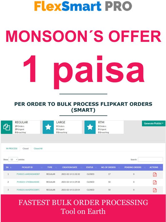 1 PAISA per Order | Bulk Process for Flipkart SMART & Mynra M-Direct