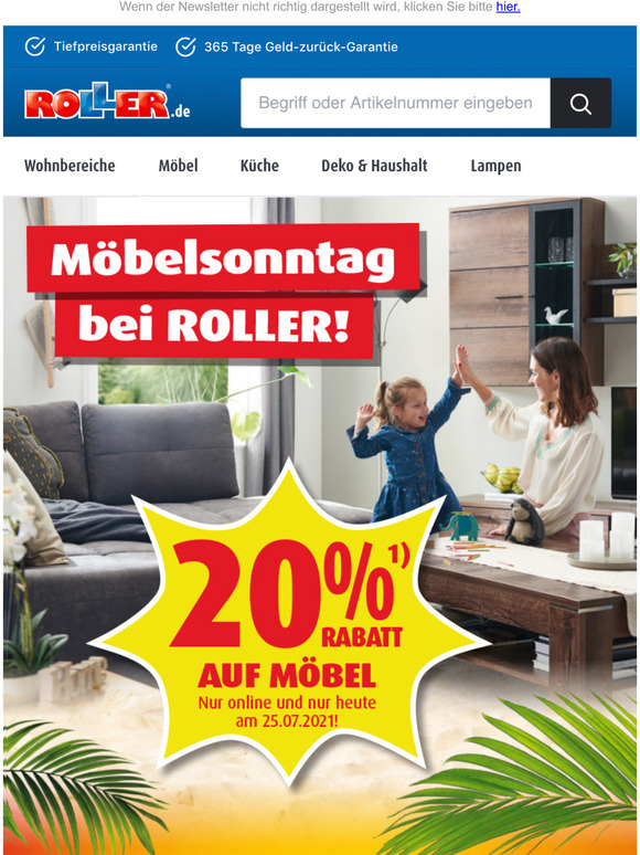 ROLLER Möbel online Shop Nur heute 20 Rabatt auf Wohnzimmermöbel und
