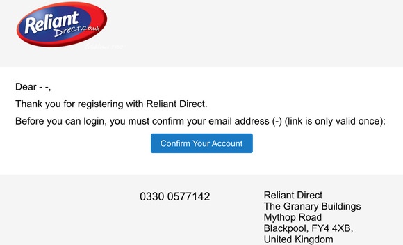 Reliant Direct. New Account Registration - Please Confirm Your Email Address