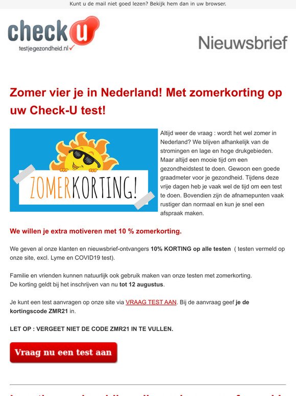 Zomer vier je in Nederland! Met zomerkorting op uw Check-U test!