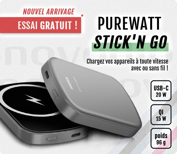 Novodio PureWatt Stick'n Go - Batterie externe sans fil magnétique 4200 mAh  - Batterie Externe - Novodio