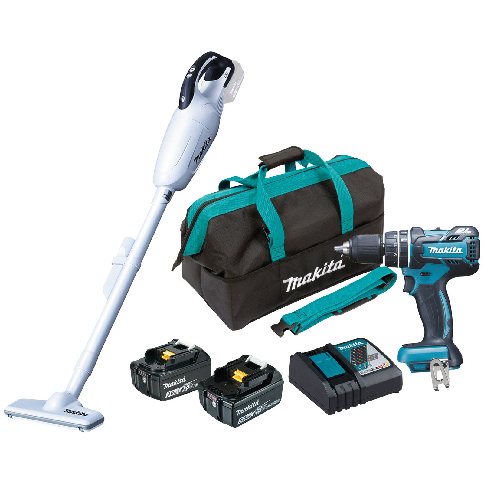 Makita DLX2329X1 Akku-Combo-Kit 18V inkl. DCL181 + DHP480 / 1x 3,0 Ah + 1x 5,0 Ah Akku + Ladegerät in Tasche