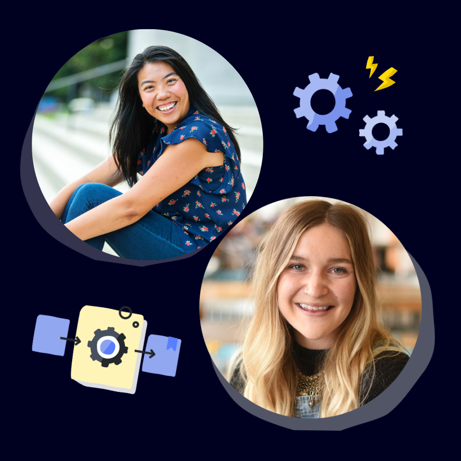 Two women's headshots are shown in circles against a dark blue background. Illustrations show gears and workflows to show a process