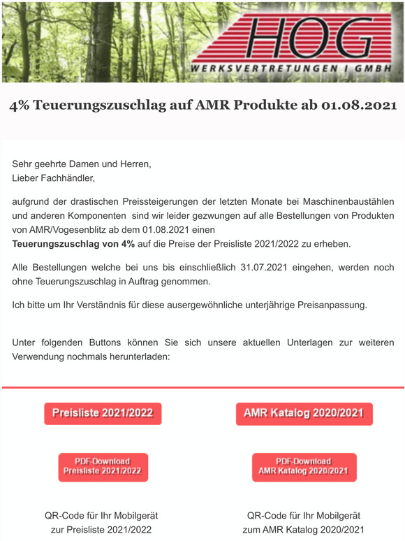 4% Teuerungszuschlag auf AMR Produkte ab 01.08.2021