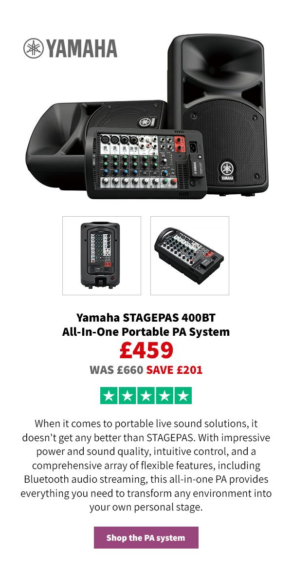 Yamaha STAGEPAS 400BT All-In-One Portable PA System £459 WAS £660 SAVE £201. When it comes to portable live sound solutions, it doesn't get any better than STAGEPAS. With impressive power and sound quality, intuitive control, and a comprehensive array of flexible features, including Bluetooth audio streaming, this all-in-one PA provides everything you need to transform any environment into your own personal stage. Shop the PA system.