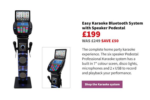 Easy Karaoke Bluetooth System with Speaker Pedestal £199 WAS £249 SAVE £50. The complete home party karaoke experience. The six speaker Pedestal Professional Karaoke system has a built in 7inch colour sceen, disco lights, microphones and 2 x USB to record and playback your performance. Shop the Karaoke system.