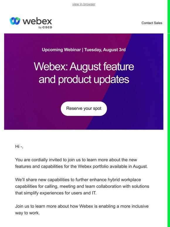 Upcoming webinar:  August feature and product updates from Webex