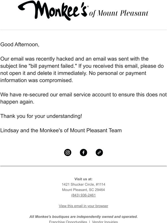 Monkee S Of Mount Pleasant Email Was Hacked Spam Email Sent Milled