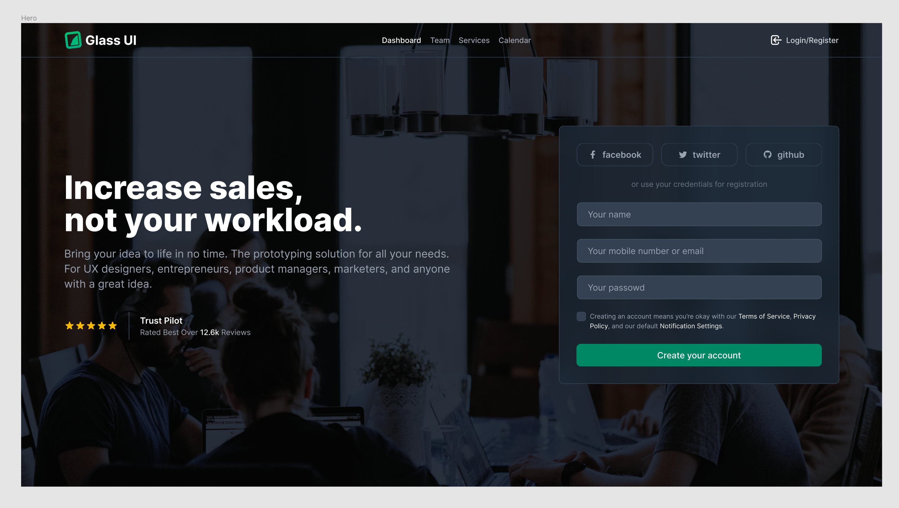 Glassmorphism landing page