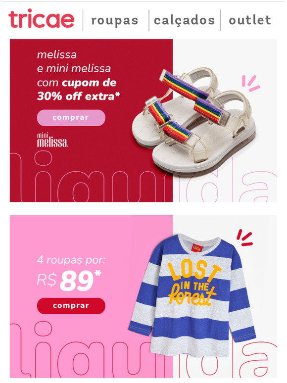 Tricae BR: PARA TUDO! Cupom Melissa e Mini Melissa! 30% OFF extra, espia  aqui! | Milled