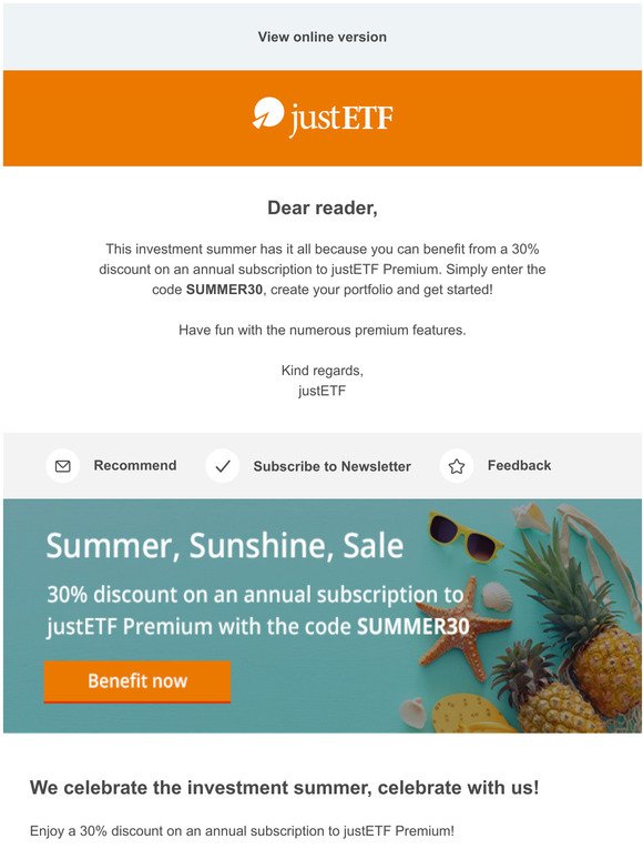 Summer, Sunshine, Sale: 30% discount on an annual subscription to justETF Premium!