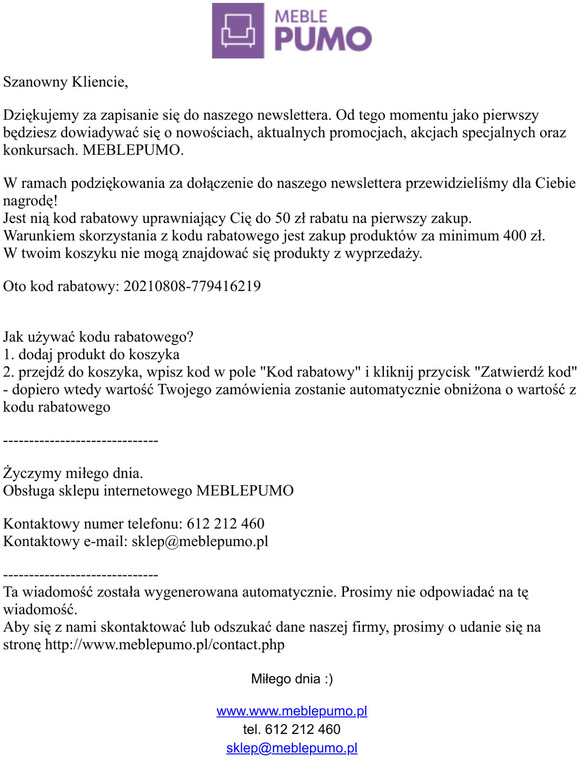 MEBLEPUMO - Dodanie adresu e-mail do listy newslettera