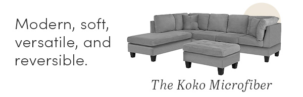 The koko microfiber sectional set with ottoman is modern, soft, versatile and reversible