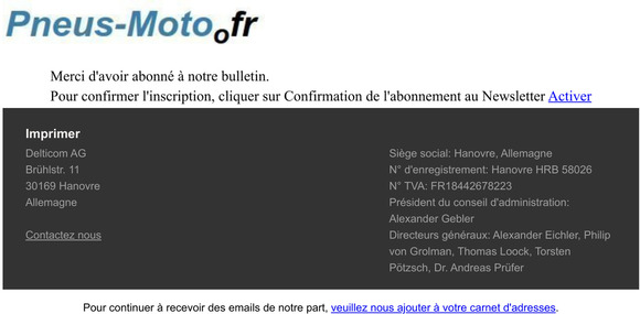 Confirmation d'inscription  la newsletter - https://www.pneus-moto.fr