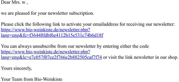 Your Newsletter Activation Key from Bio-Weinkiste