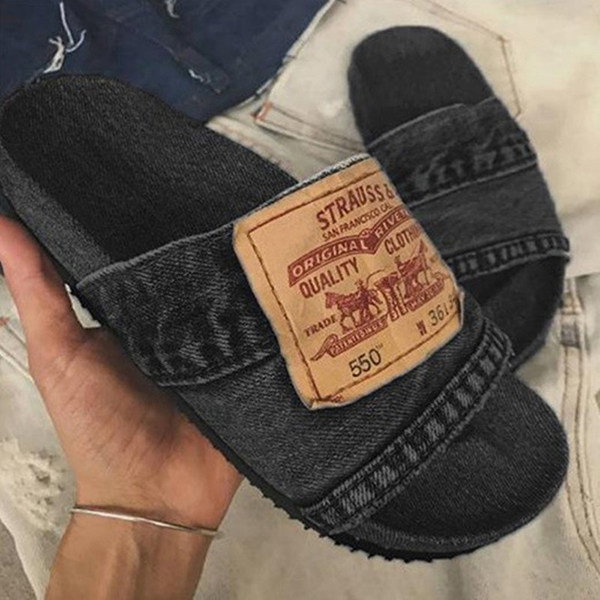 Women's Fashionable Denim Patchwork Flat Slippers - ShoesSee.com