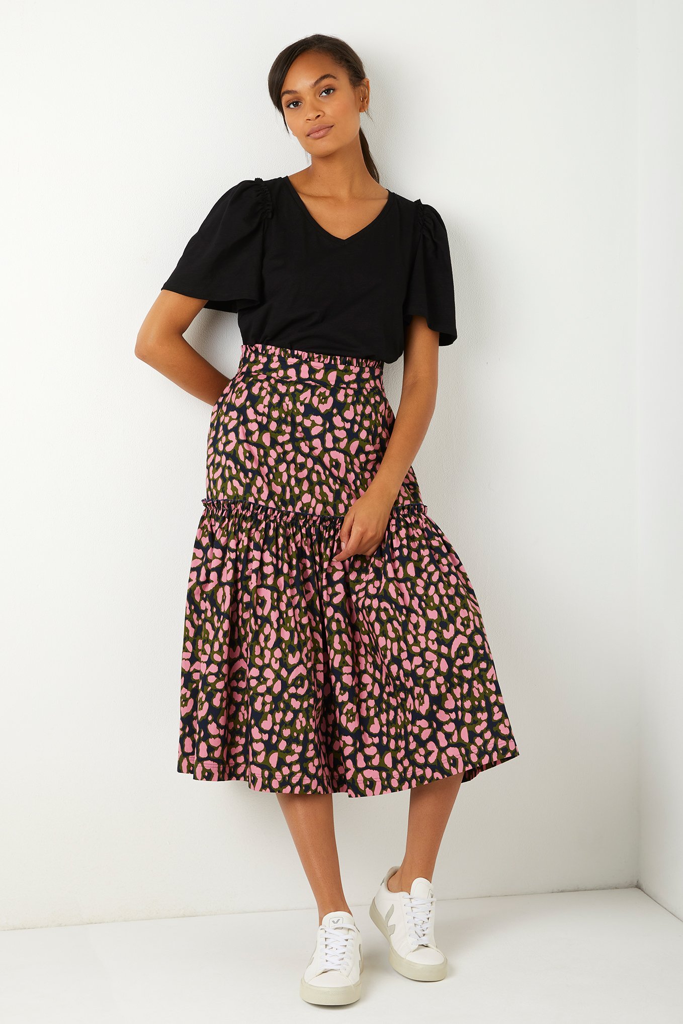 Esmee Tiered Leopard Skirt - Blue/Khaki/Pink
