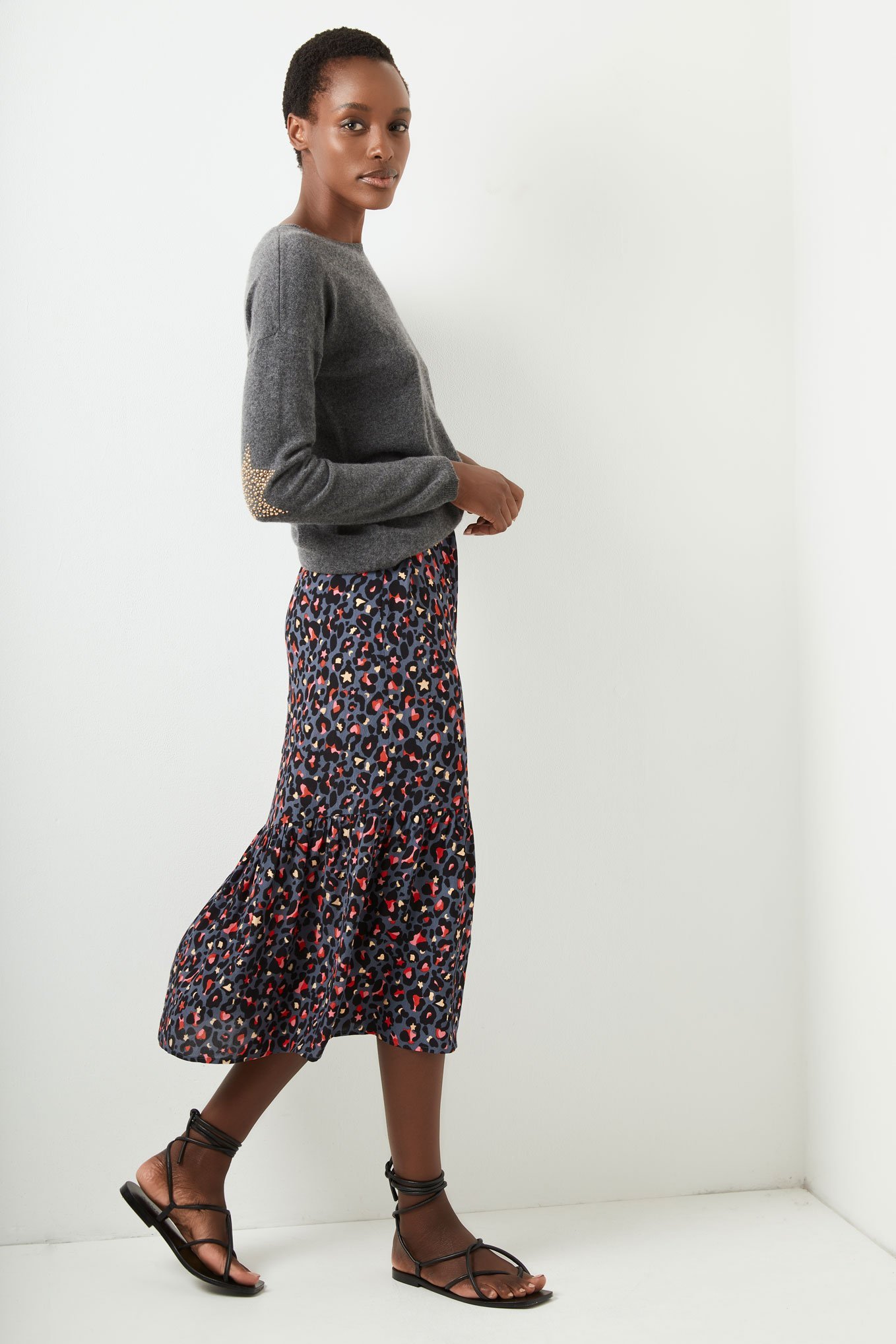 Layla Leopard Print Skirt - Slate Blue
