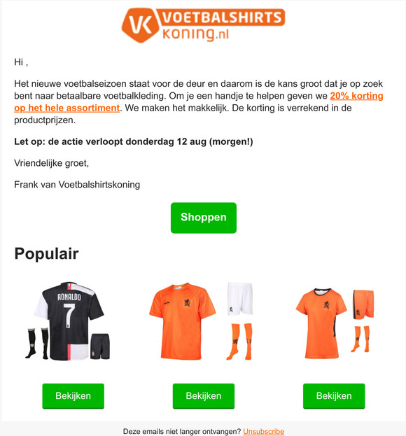 Voetbalkleding nodig? 20% korting op ALLES!