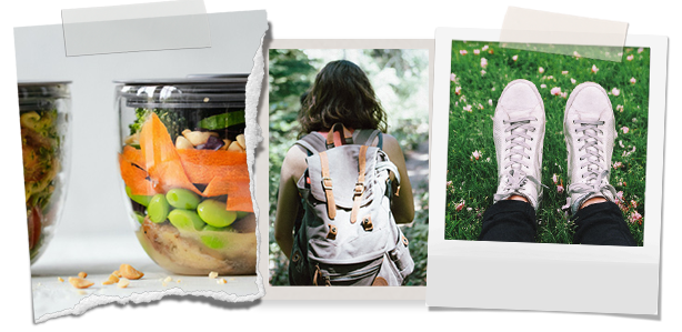 Collage of 1- Two reusable storage containers with salads, 2- An image of a woman walking through a forest with a backpack, and 3- A person wearing white lace-up sneakers