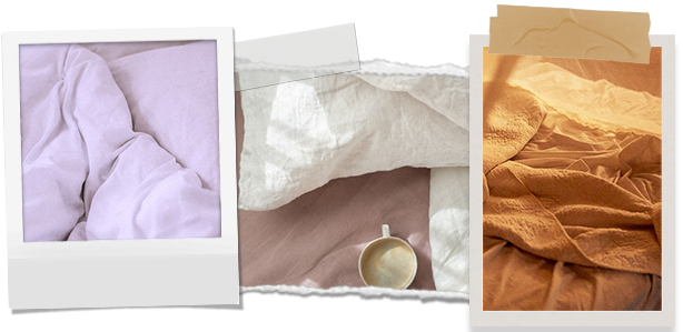 Collage of 1- Comfortable looking lilac bedding, 2- A coffee cup on a bed with linen sheets and pillows, and 3- Rumpled bedding in morning light