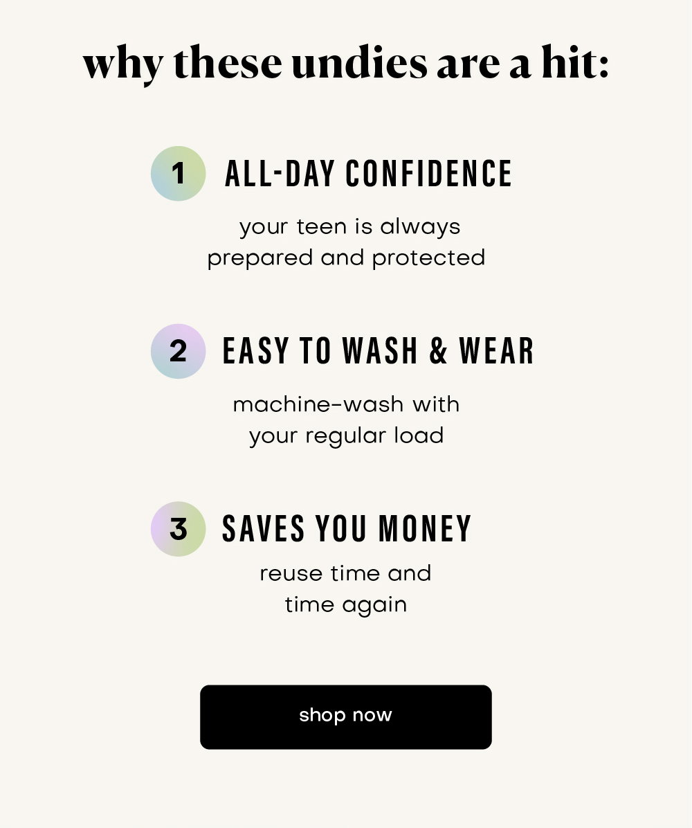why these undies are a hit: all day confidence, easy to wash & wear, saves you money