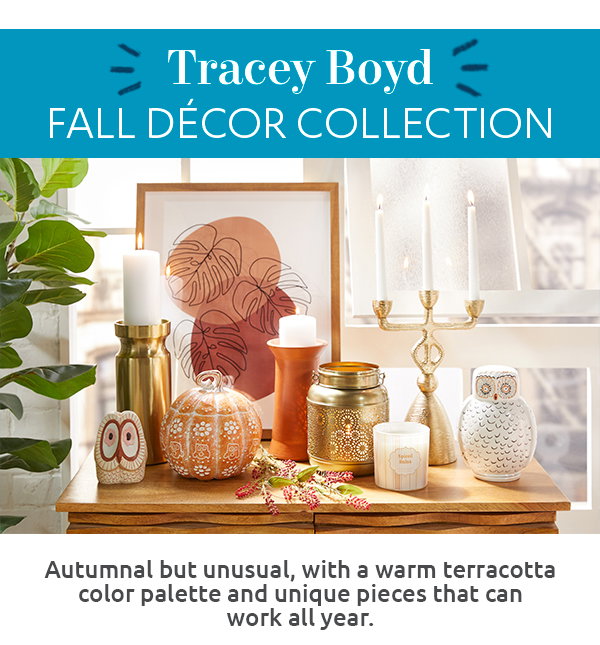 Tracey Boyd fall décor collecton. Autumnal but unsual, with a warm terracotta color palette and unique pieces that can work all year.