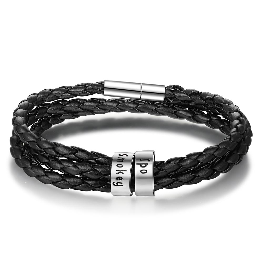 Mens Leather Bracelet with 2 Beads Leather Braided Bracelet for Men Multi-Layer Bracelet Black