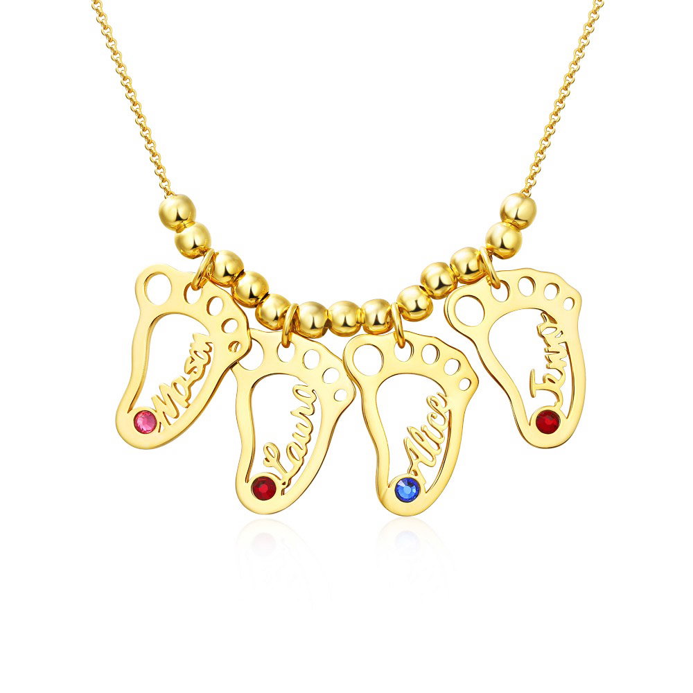 Baby Feet Name Necklace Hollow Feet Engraving 4 Names with Birthstones