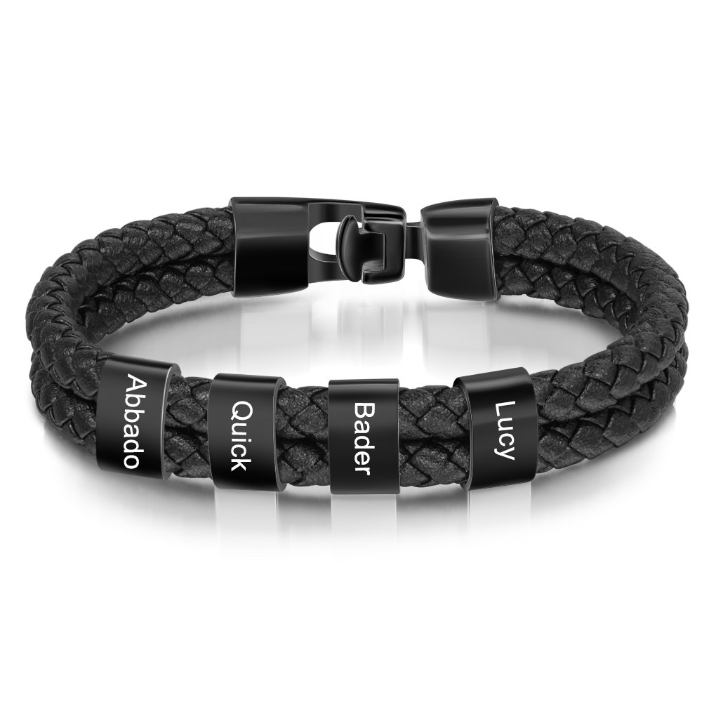 Men Leather Braided Bracelet with Beads Engraved 4 Names Black