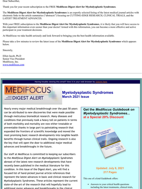 Your FREE Subscription to the Medifocus Digest Alert for Myelodysplastic Syndromes
