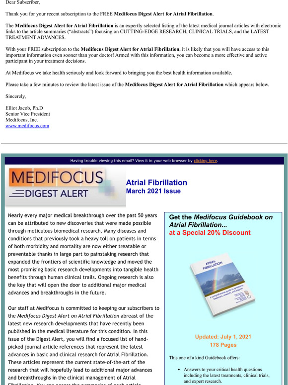 Your FREE Subscription to the Medifocus Digest Alert for Atrial Fibrillation