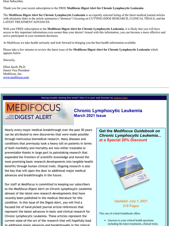 Your FREE Subscription to the Medifocus Digest Alert for Chronic Lymphocytic Leukemia