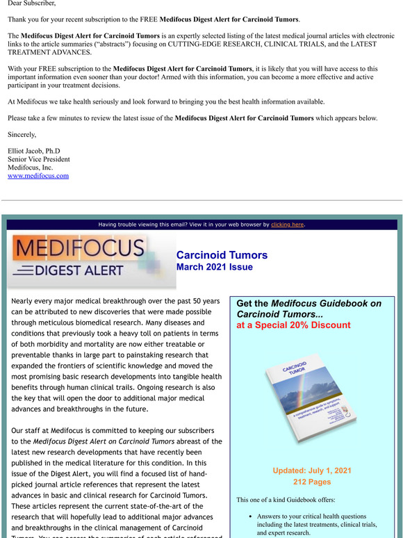 Your FREE Subscription to the Medifocus Digest Alert for Carcinoid Tumors