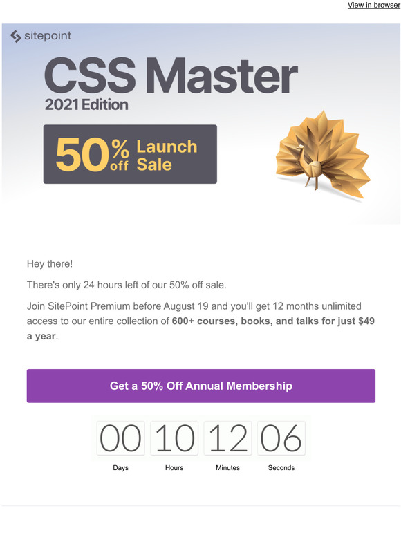 SitePoint Premium 50% Off Sale - 24 hours left!