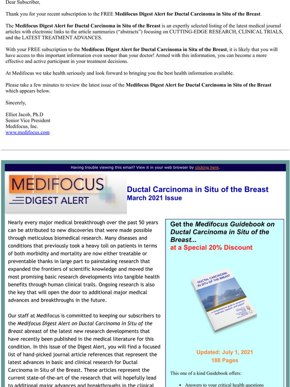 Your FREE Subscription to the Medifocus Digest Alert for Ductal Carcinoma in Situ of the Breast