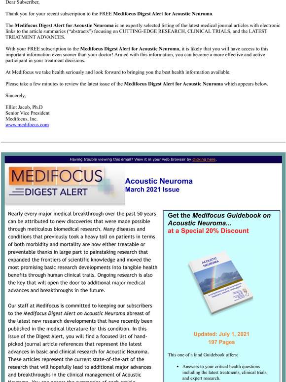 Your FREE Subscription to the Medifocus Digest Alert for Acoustic Neuroma