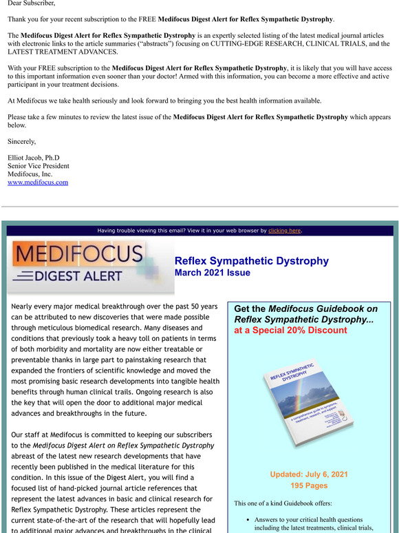 Your FREE Subscription to the Medifocus Digest Alert for Reflex Sympathetic Dystrophy