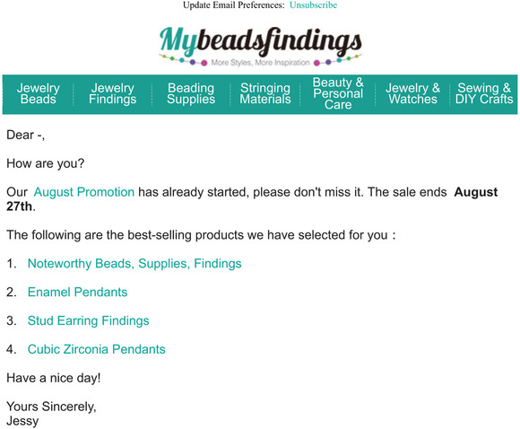 Mybeadsfindings Summer Promotion in August